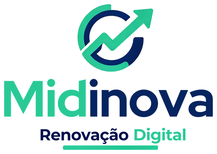 Logo da Midinova com o slogan Renovação Digital: símbolo circular verde-água e azul-marinho com seta ascendente